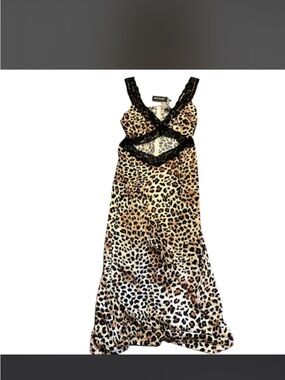 Leopard Print Slip Dress with Black Lace Trim